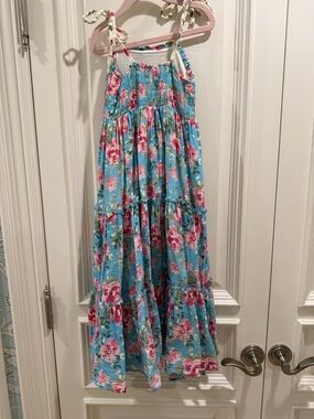SweetHoney Blue Floral Tiered Maxi Skirt with Pink Roses